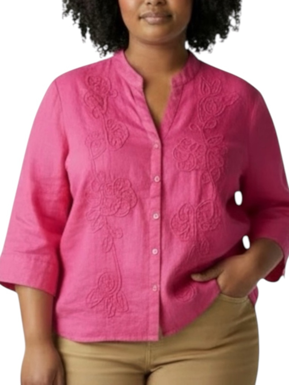 CHARTER CLUB Petites 100% Linen Floral Embroidered Top in Fuchsia Size 12PETITE